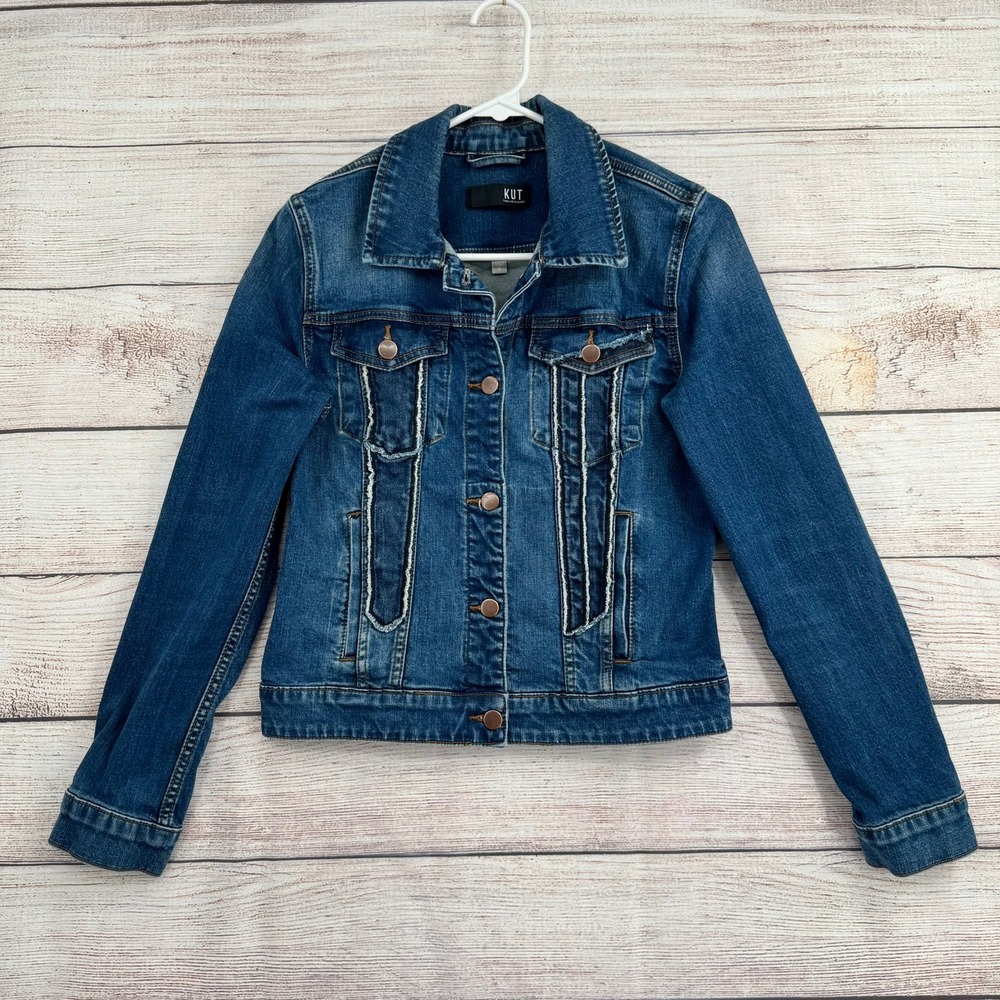 KUT from the Kloth Denim Jacket Women S Blue Helena Distressed Raw Edge Detail